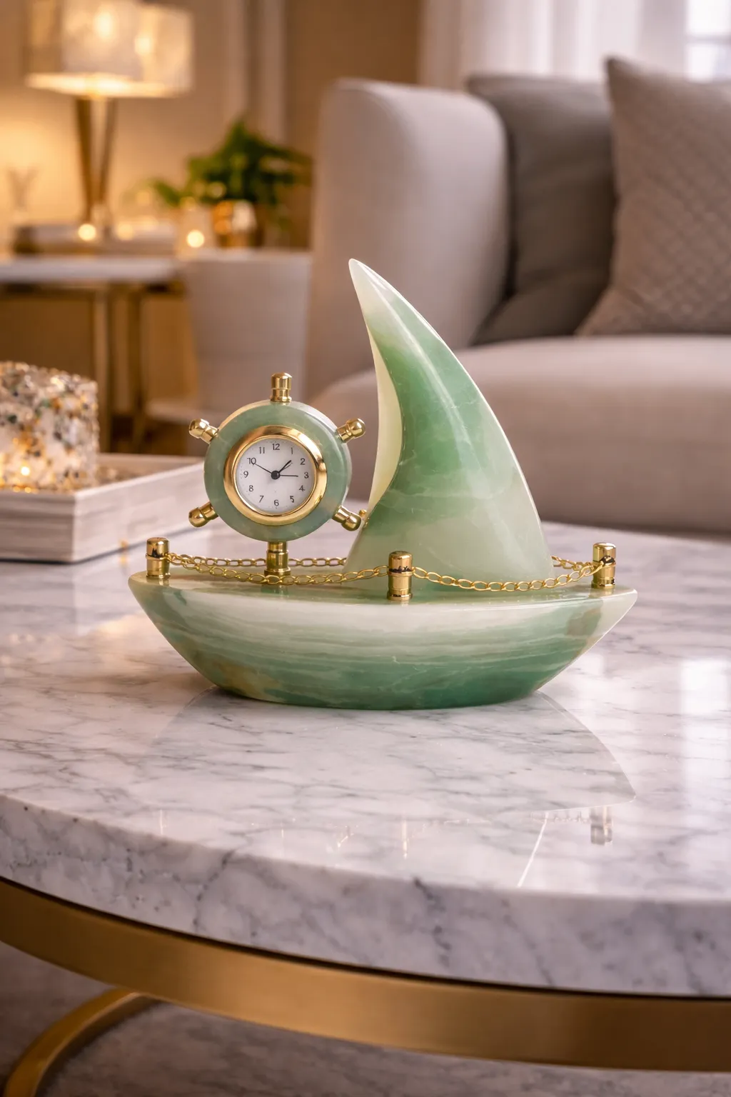Handcrafted onyx boat desk clock