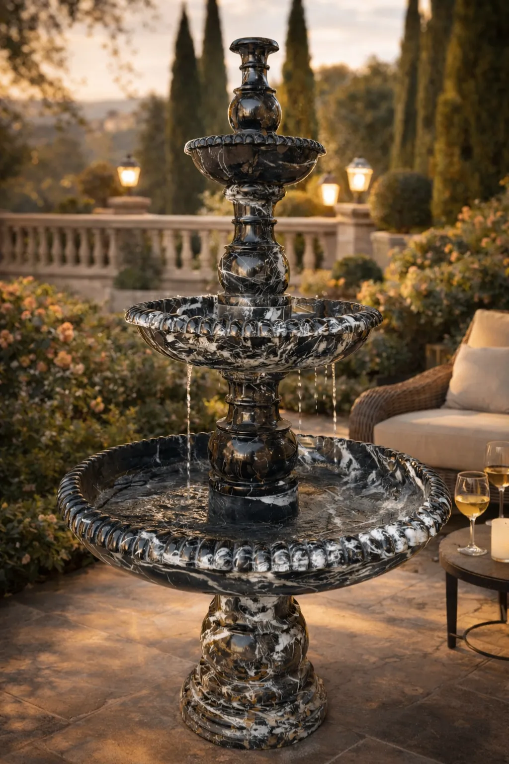 Black marble multi tier garden water fountain