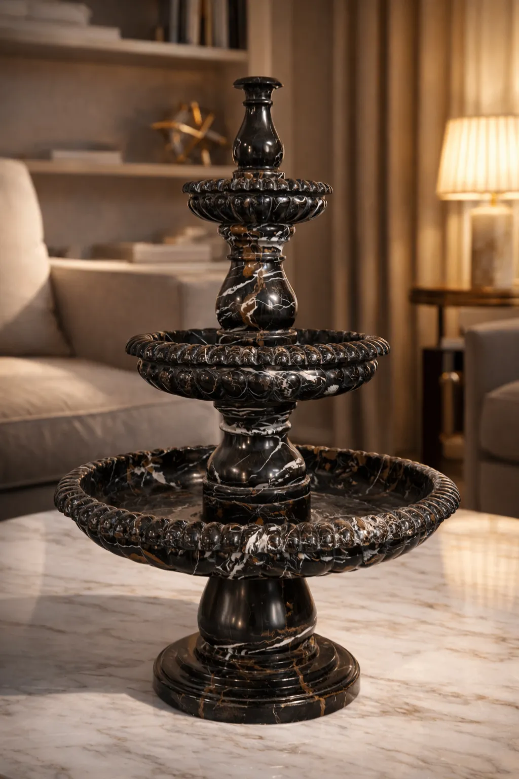 Black marble multi tier water fountain with natural golden veins
