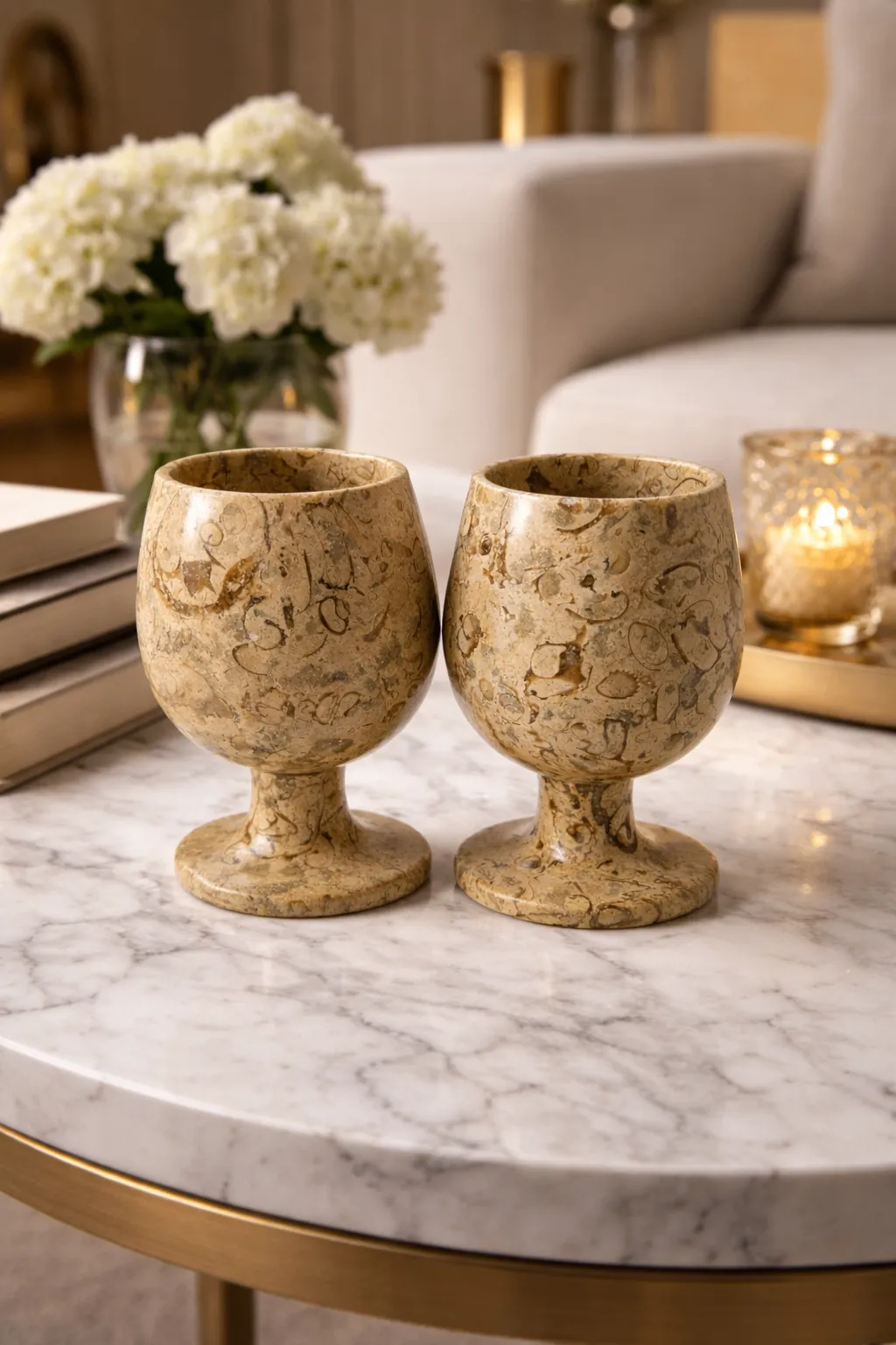 Fossil marble stone cup set
